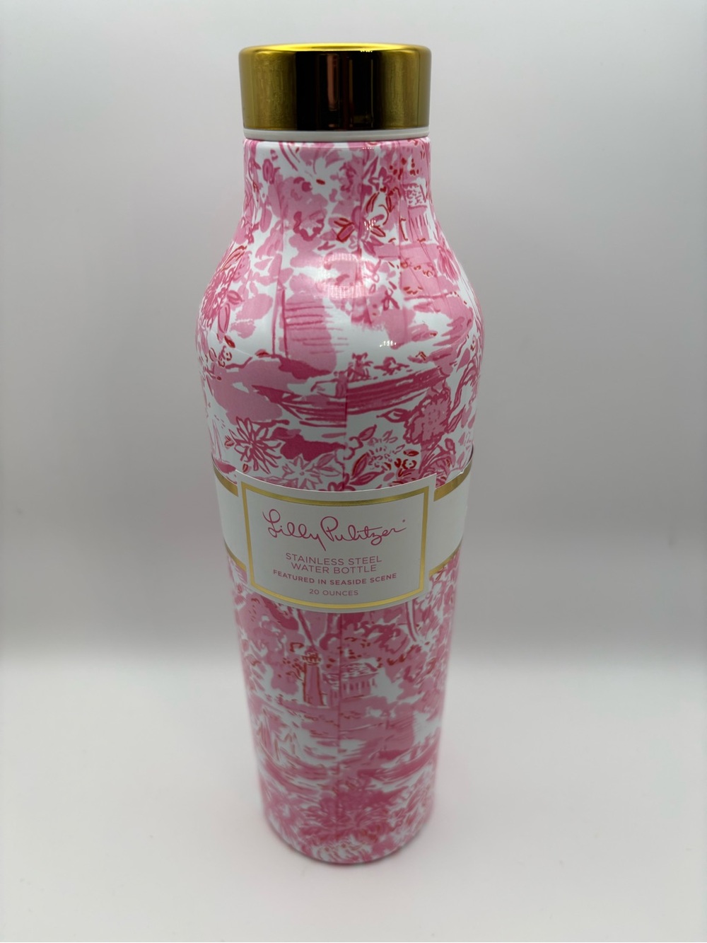 Lilly Pulitzer Pink Stainless Steel Water Bottle with Gold Tone Screw Top